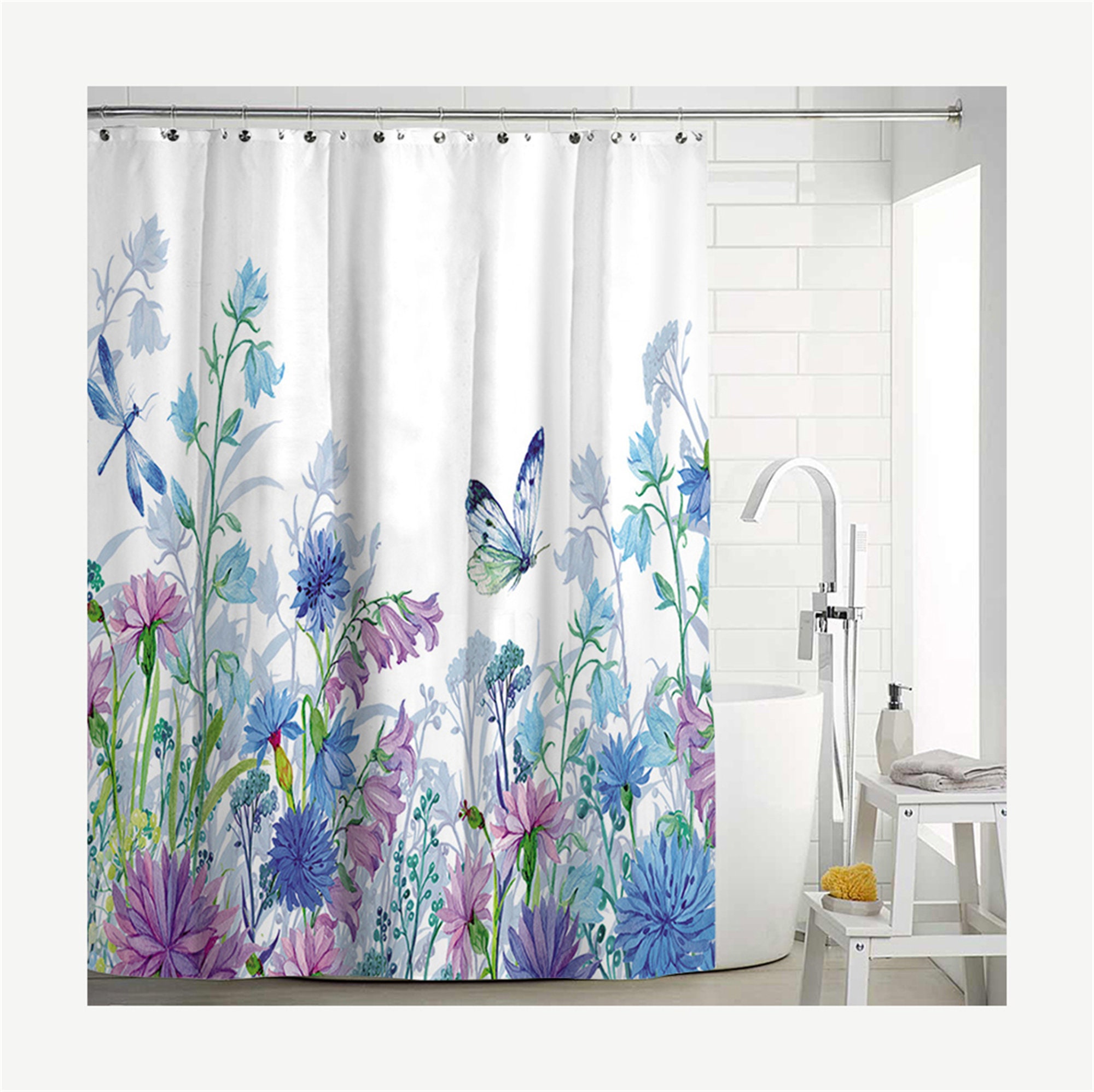 Modern Floral Shower Curtain With Botanical Wild Flower Herb Plant Design - Image 4