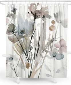 Modern Floral Shower Curtain with White, Grey, and Pink Flowers, 72x72 - Unique Bathroom Decor