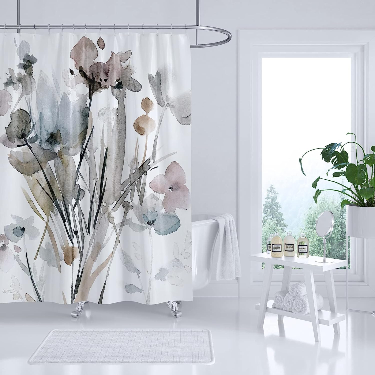Modern Floral Shower Curtain with White, Grey, and Pink Flowers, 72x72 - Unique Bathroom Decor