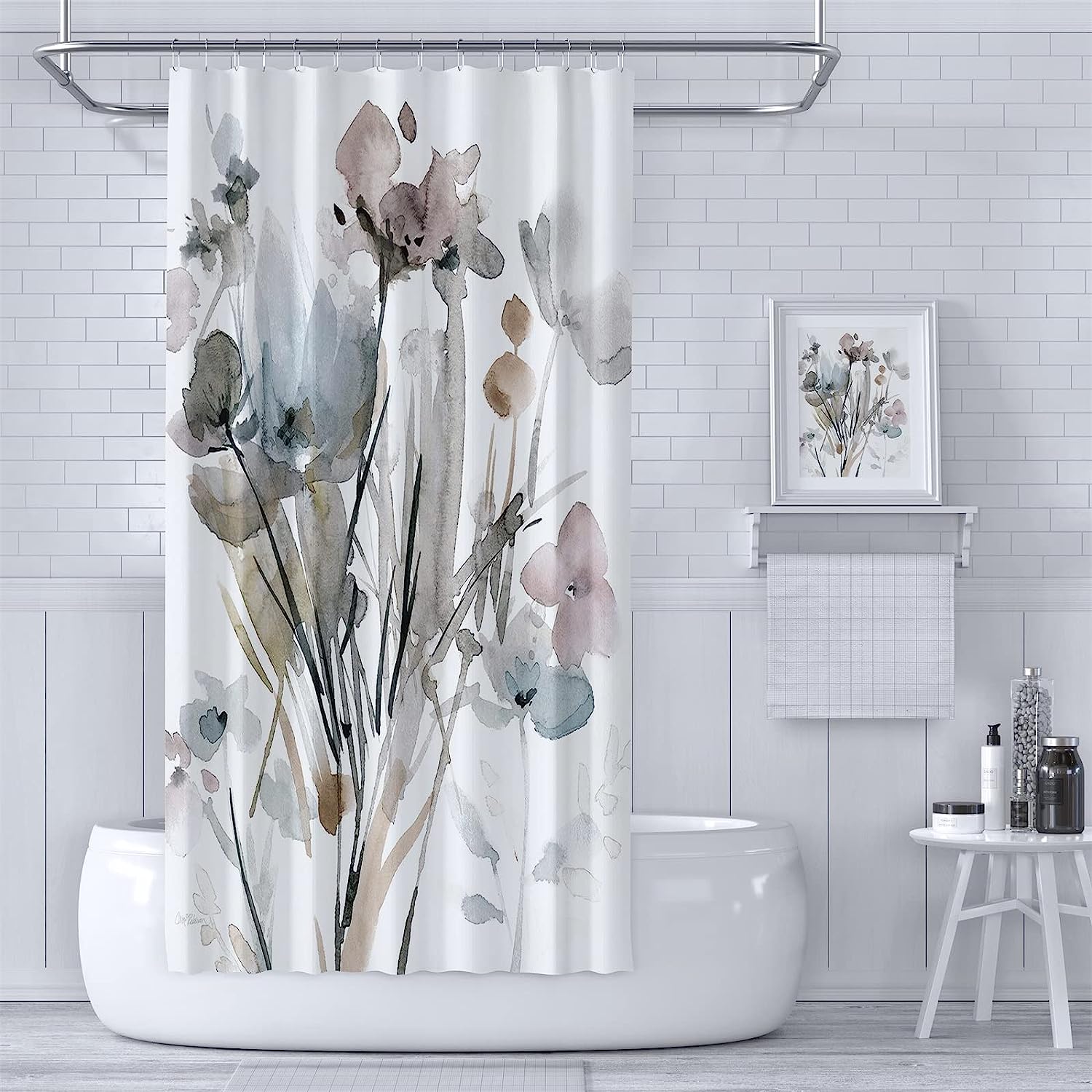 Modern Floral Shower Curtain with White, Grey, and Pink Flowers, 72x72 - Unique Bathroom Decor