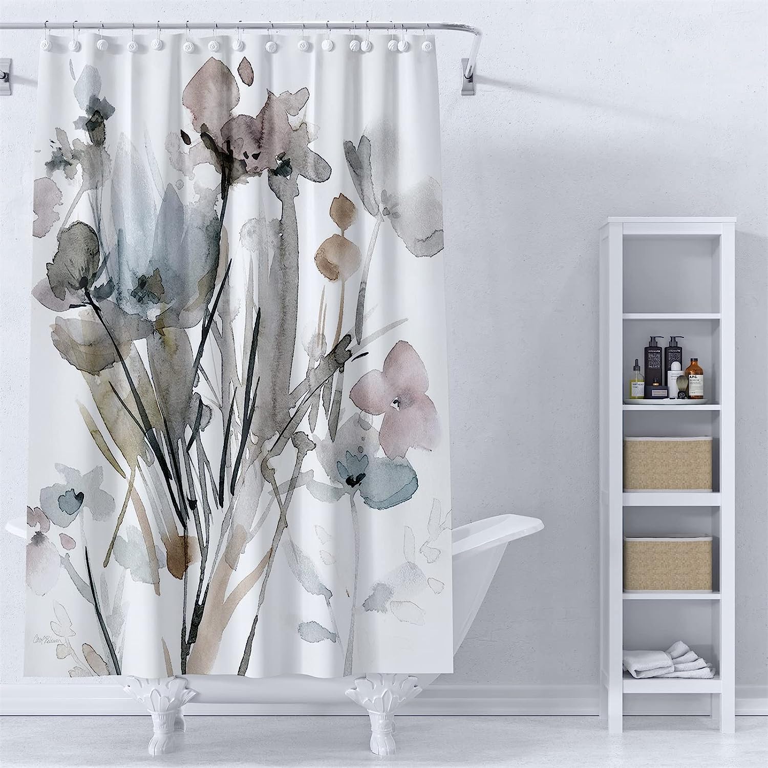 Modern Floral Shower Curtain with White, Grey, and Pink Flowers, 72x72 - Unique Bathroom Decor