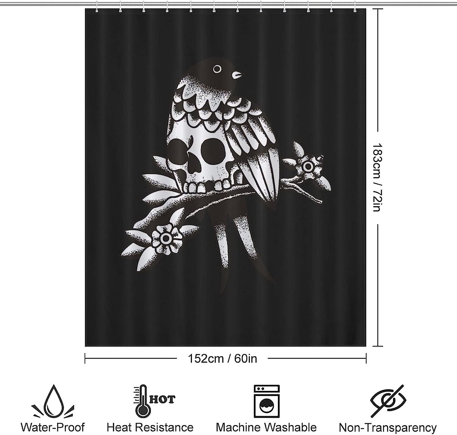 Modern Flower And Bird Skull Shower Curtain For Durable Bathroom Decor - Image 2