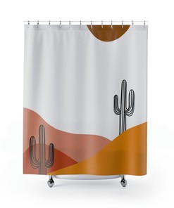 Modern Geometric Boho Cactus Shower Curtain, Housewarming Gift And Bathroom Decor