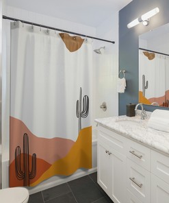 Modern Geometric Boho Cactus Shower Curtain, Housewarming Gift And Bathroom Decor