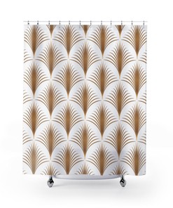 Modern Geometric Shower Curtain, Vintage Fan Pattern In White & Gold, Fresh Bathroom Decor