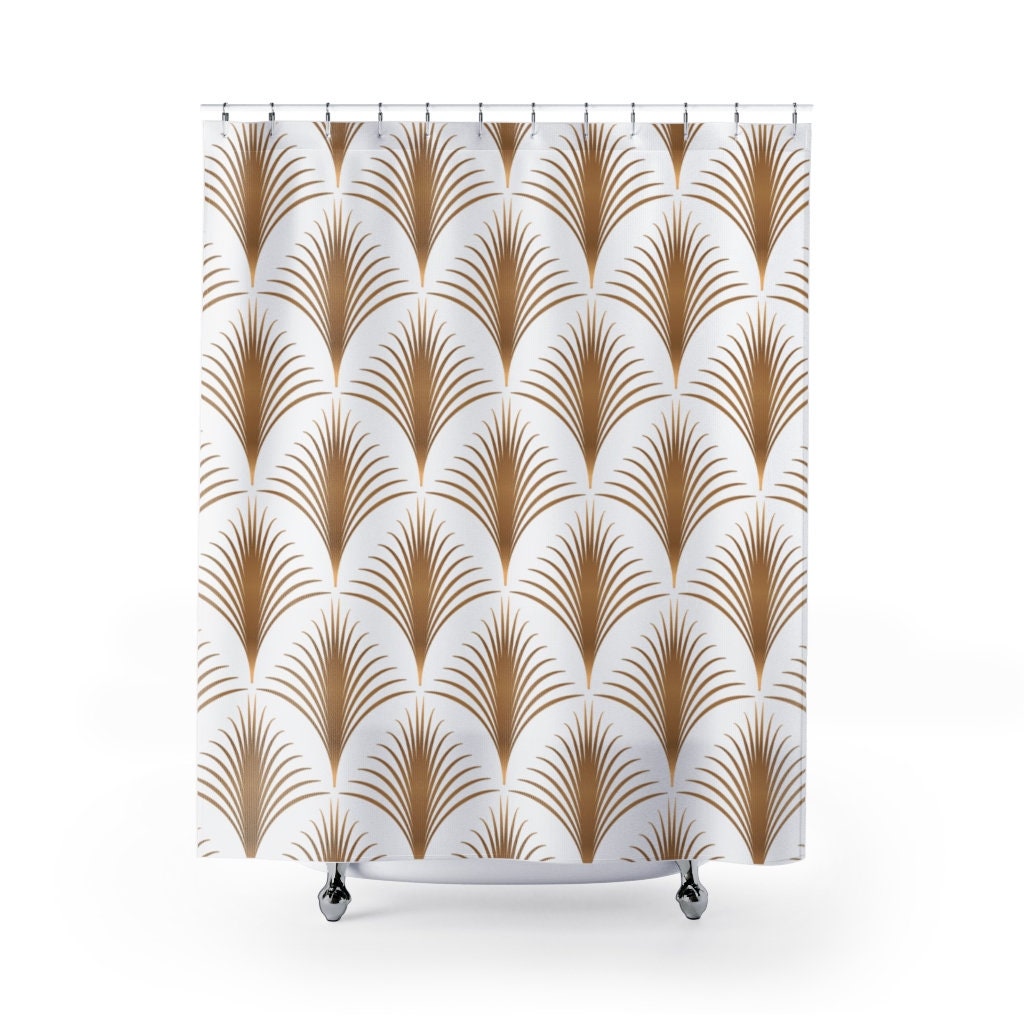 Modern Geometric Shower Curtain, Vintage Fan Pattern In White & Gold, Fresh Bathroom Decor