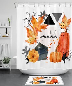 Modern Geometric Shower Curtain With Autumn Maple Leaf And Pumpkin For Bathroom Decor