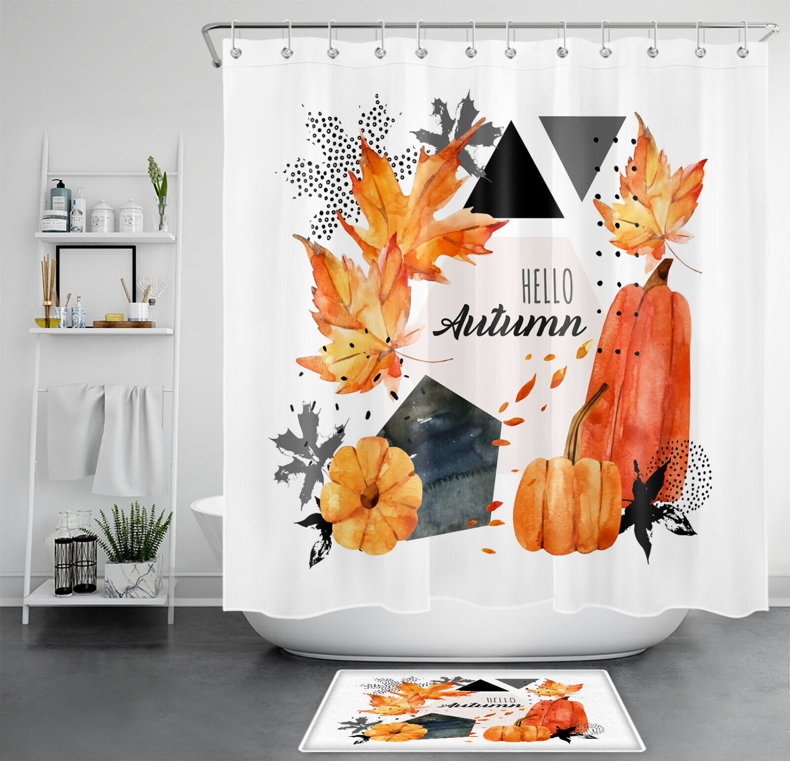 Modern Geometric Shower Curtain With Autumn Maple Leaf And Pumpkin For Bathroom Decor