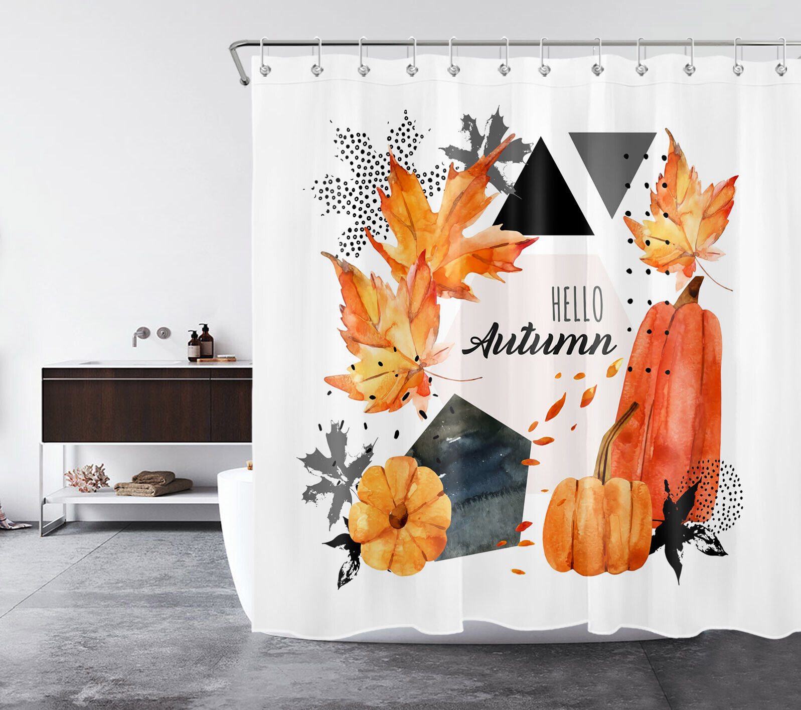 Modern Geometric Shower Curtain With Autumn Maple Leaf And Pumpkin For Bathroom Decor - Image 2