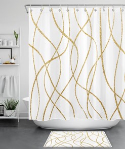 Modern Geometric Wavy Line Golden Stripe Shower Curtain, Perfect For Minimalist Bathroom Decor