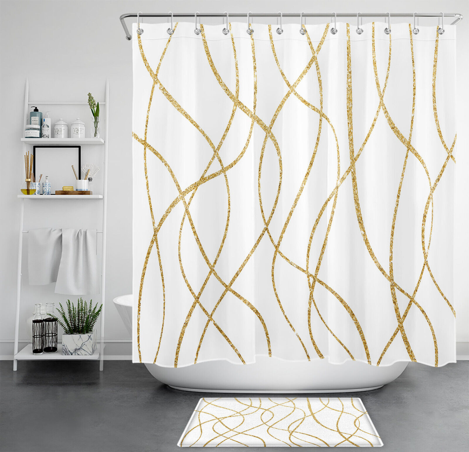 Modern Geometric Wavy Line Golden Stripe Shower Curtain, Perfect For Minimalist Bathroom Decor