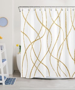 Modern Geometric Wavy Line Golden Stripe Shower Curtain, Perfect For Minimalist Bathroom Decor