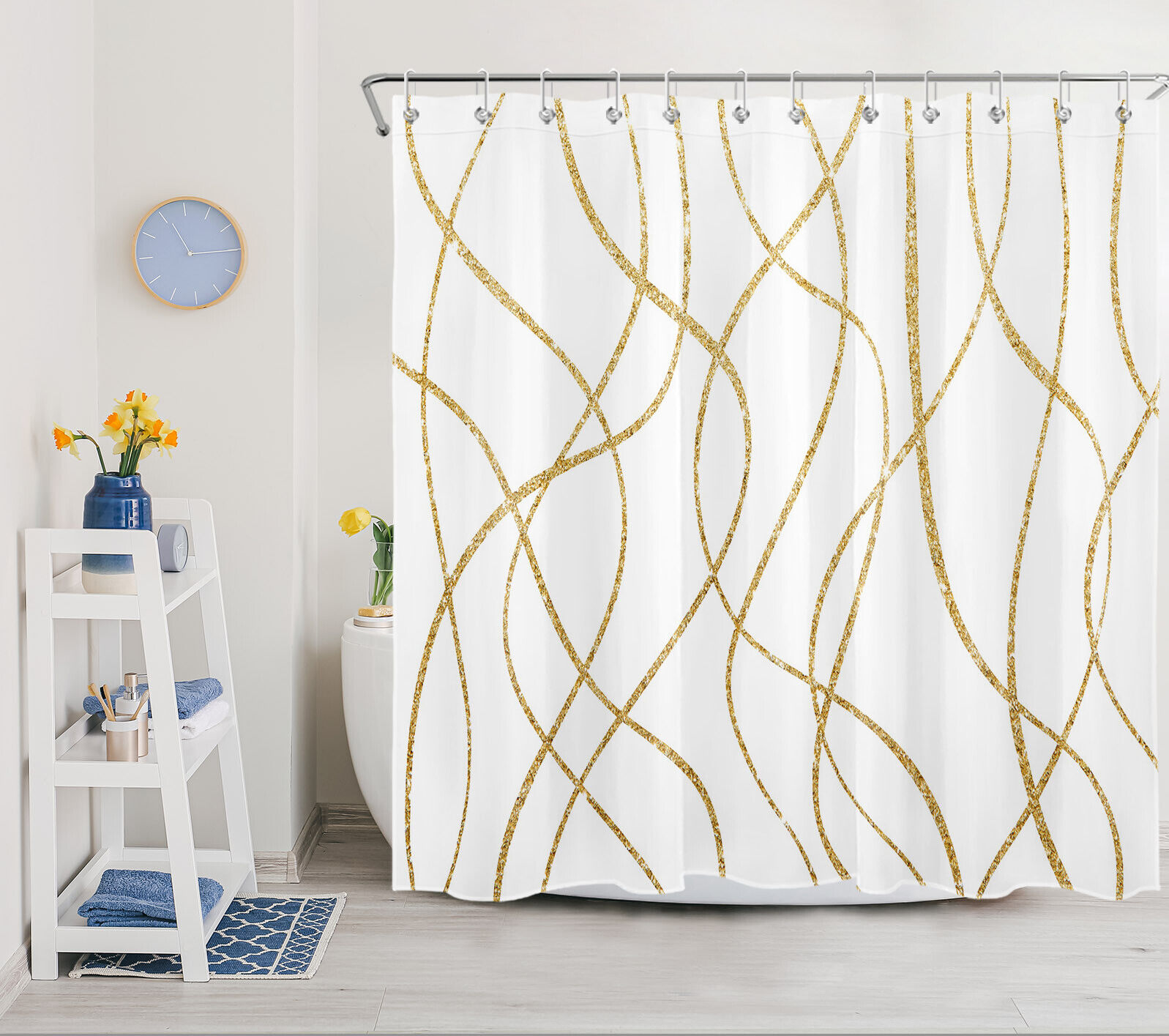 Modern Geometric Wavy Line Golden Stripe Shower Curtain, Perfect For Minimalist Bathroom Decor
