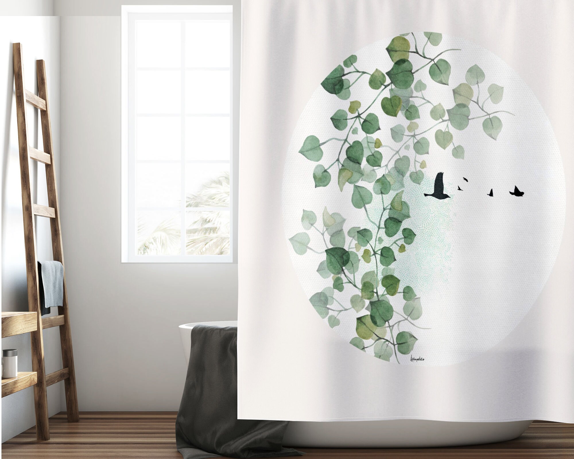 Modern Green Leaves Shower Curtain for Minimalist Bathrooms