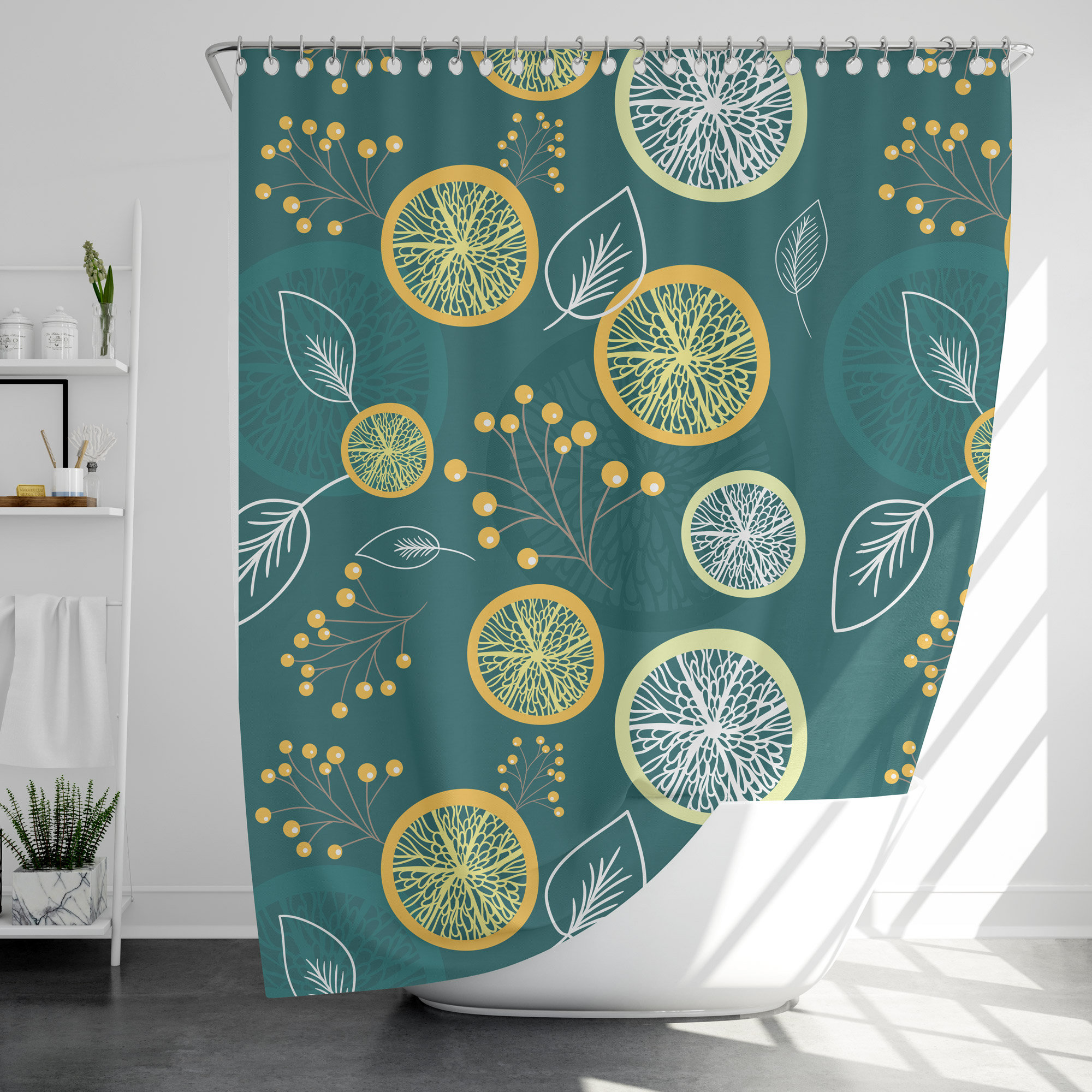 Modern Green Lemon Print Shower Curtain With Waterproof Fabric For Your Bathroom