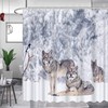 Modern Home Bathroom Curtain In Blue With Gray Wolf Family At Full Moon In Winter Mountain Forest Snowflakes Decor