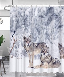 Modern Home Bathroom Curtain In Blue With Gray Wolf Family At Full Moon In Winter Mountain Forest Snowflakes Decor