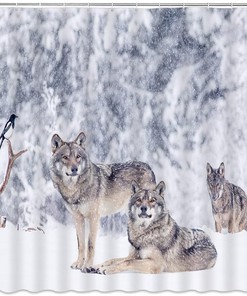 Modern Home Bathroom Curtain In Blue With Gray Wolf Family At Full Moon In Winter Mountain Forest Snowflakes Decor