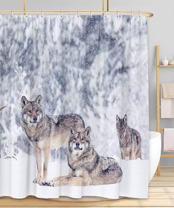 Modern Home Bathroom Curtain In Blue With Gray Wolf Family At Full Moon In Winter Mountain Forest Snowflakes Decor