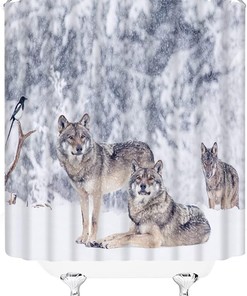 Modern Home Bathroom Curtain In Blue With Gray Wolf Family At Full Moon In Winter Mountain Forest Snowflakes Decor
