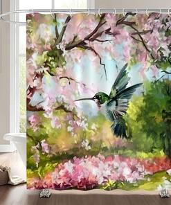 Modern Hummingbird and Flowers Bathroom Decor with Nature Painting Shower Curtain