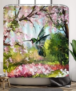 Modern Hummingbird and Flowers Bathroom Decor with Nature Painting Shower Curtain