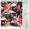 Modern Japanese Style Shower Curtain with Flying Red Cranes and Bamboo