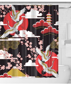 Modern Japanese Style Shower Curtain with Flying Red Cranes and Bamboo
