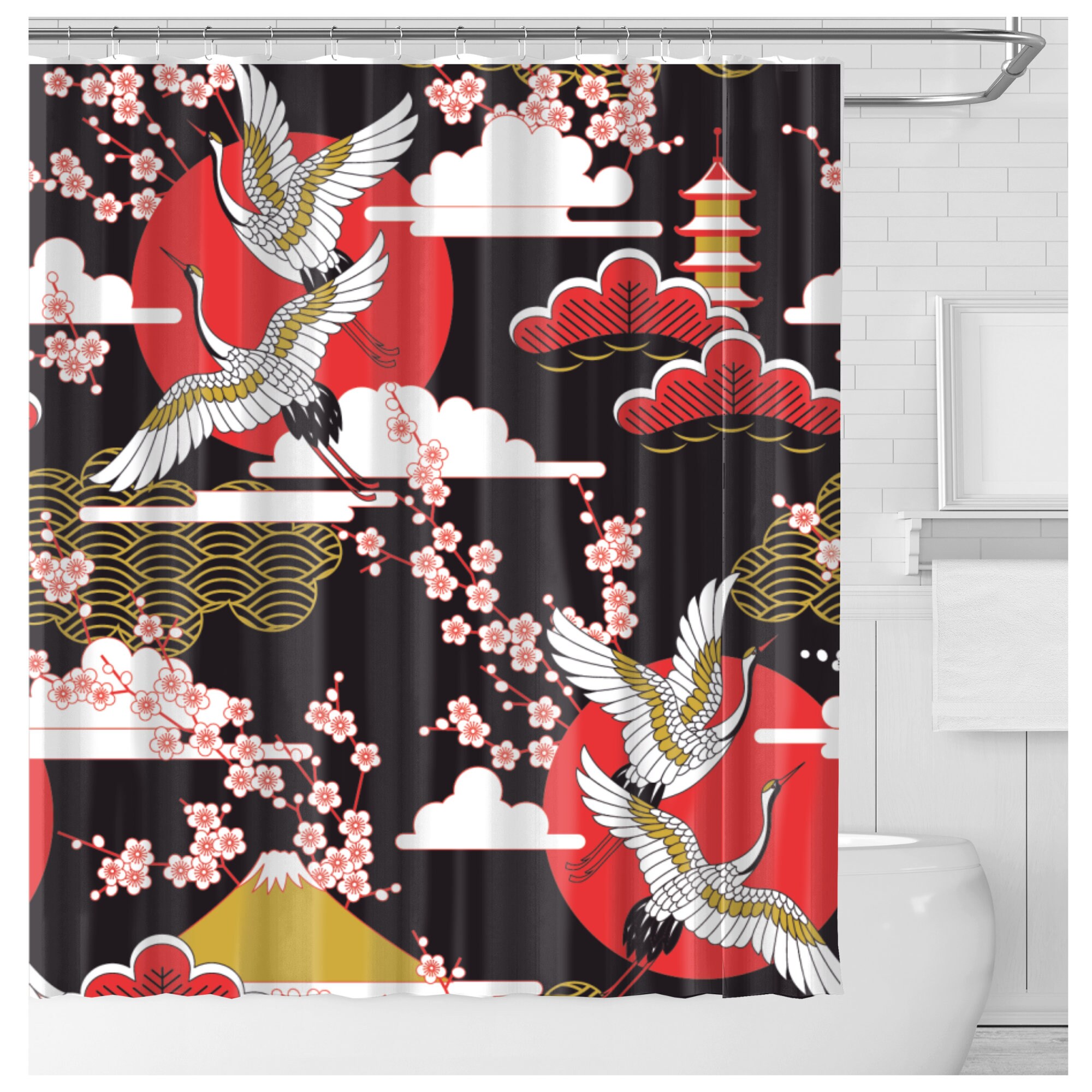 Modern Japanese Style Shower Curtain with Flying Red Cranes and Bamboo