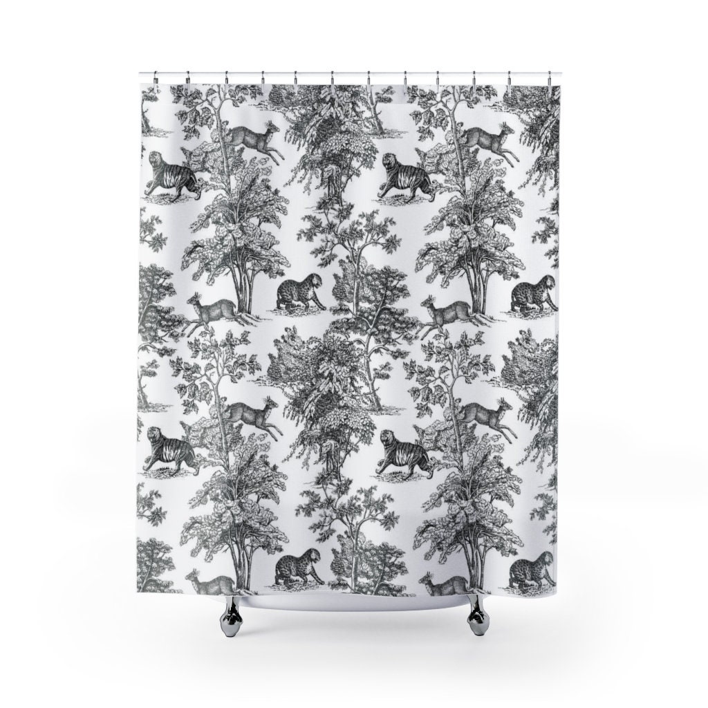Modern Jungle Toile de Jouy Shower Curtain with Animal Print for Stylish Bathroom Decor