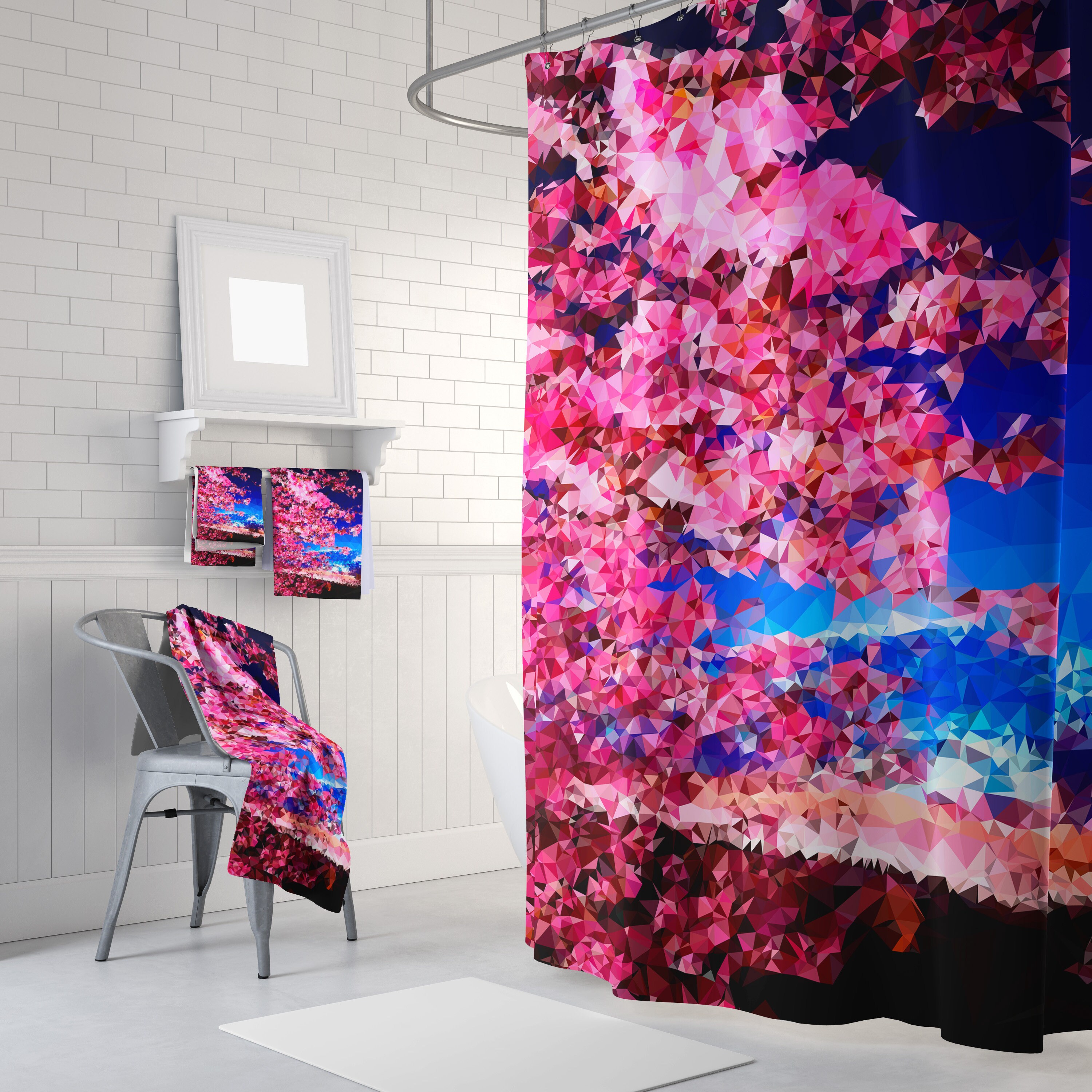 Modern Lilac And Pink Abstract Geometric Shower Curtain For Bathroom - Image 2