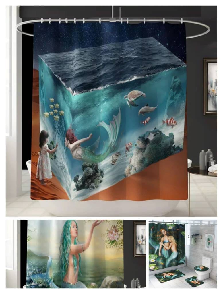 Modern Mermaid Bathroom Decor Shower Curtain Toilet in Various Colors