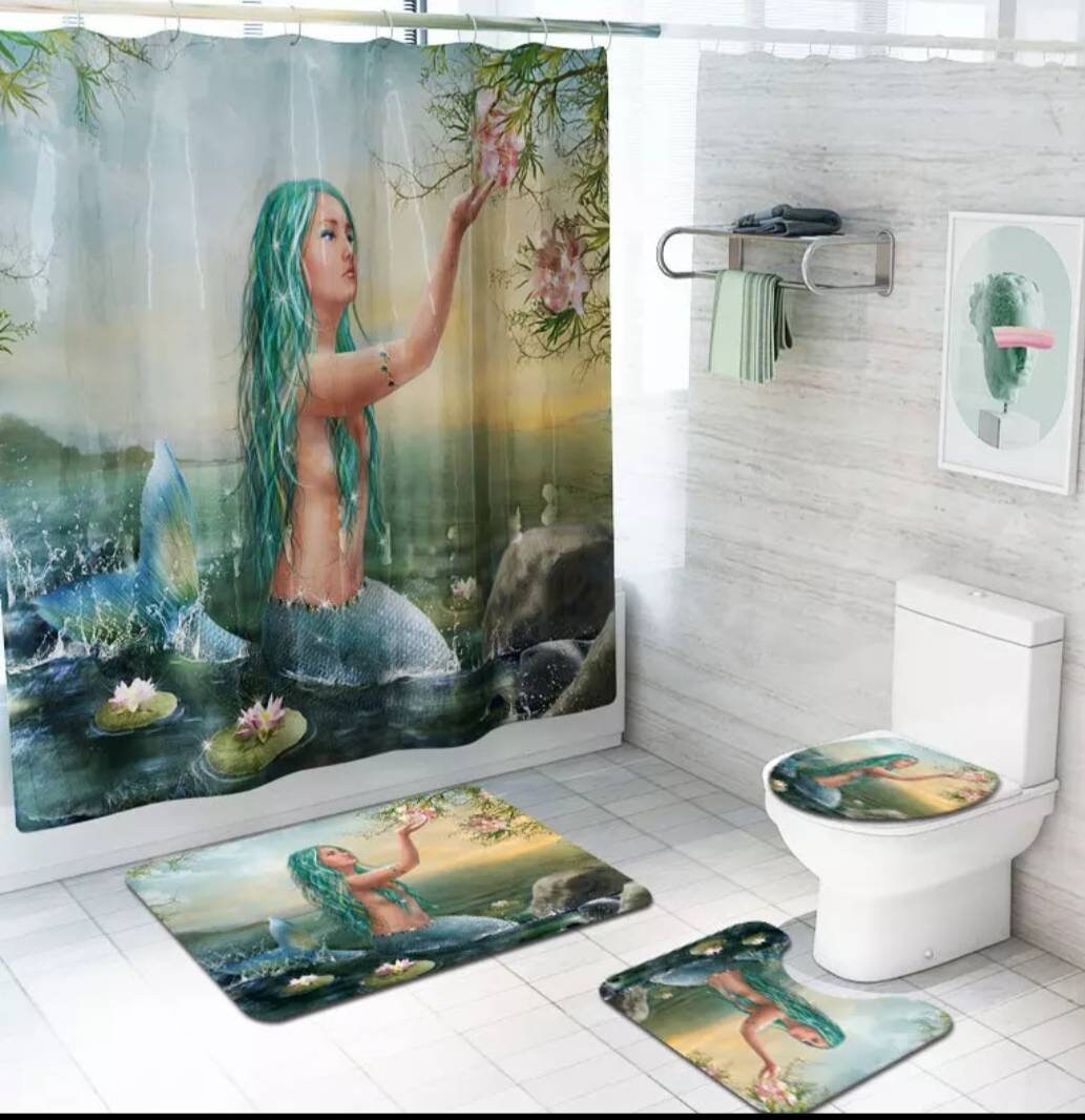 Modern Mermaid Bathroom Decor Shower Curtain Toilet in Various Colors