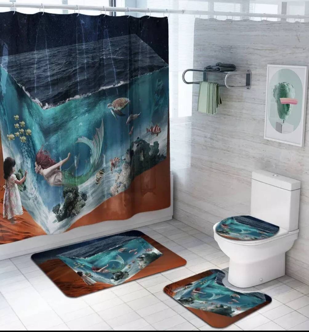 Modern Mermaid Bathroom Decor Shower Curtain Toilet in Various Colors