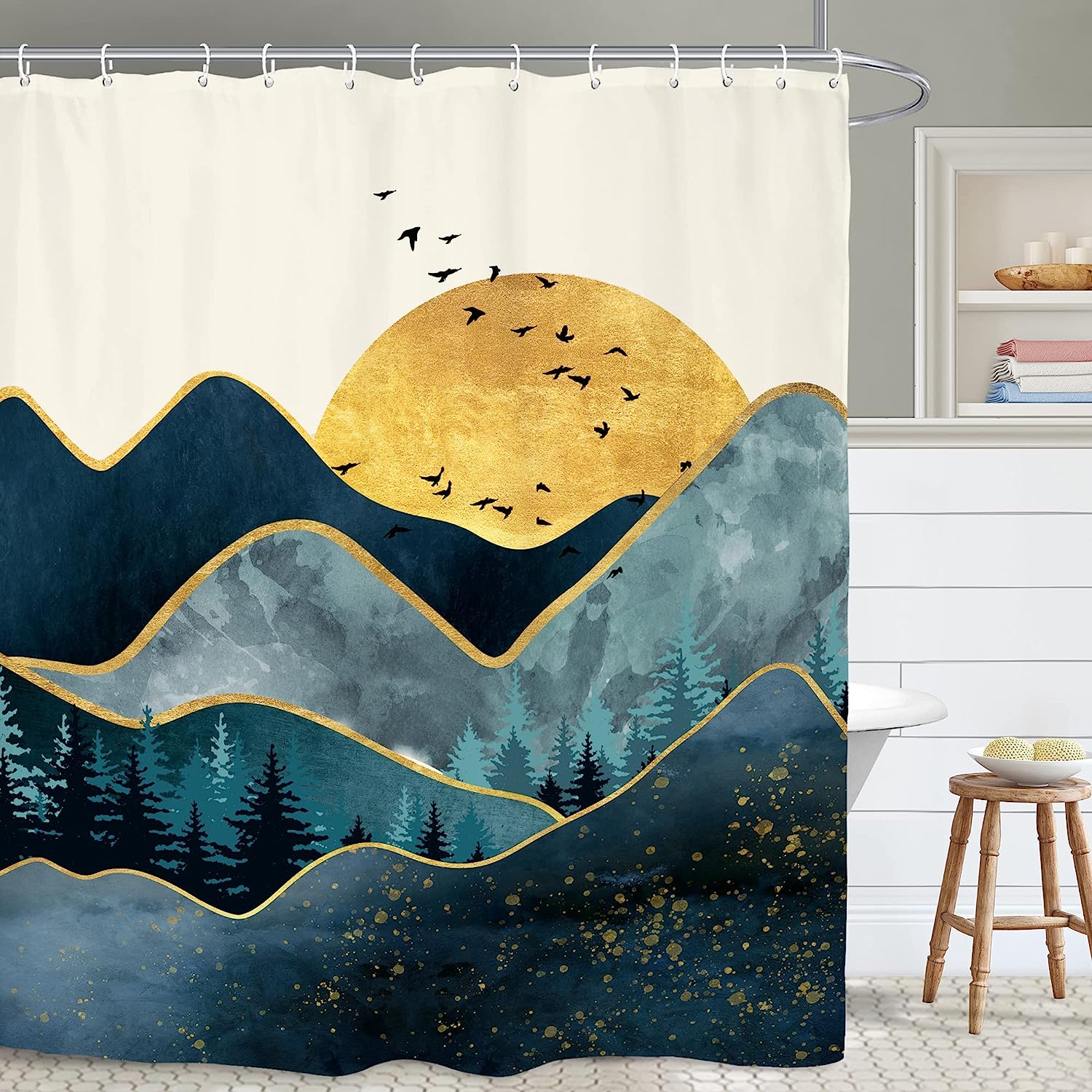 Modern Minimalist Blue Abstract Mountain Bathroom Shower Curtain for a Calming Oasis