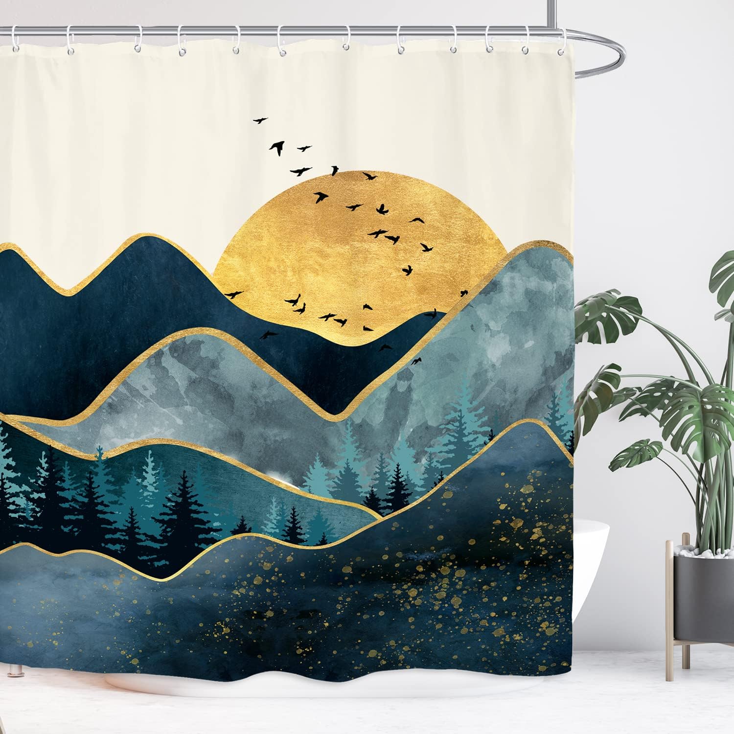 Modern Minimalist Blue Abstract Mountain Bathroom Shower Curtain for a Calming Oasis
