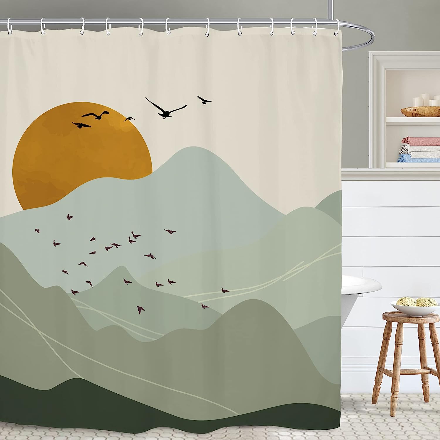 Modern Minimalist Green Abstract Mountain Bathroom Shower Curtain for a Serene Bathroom Ambiance