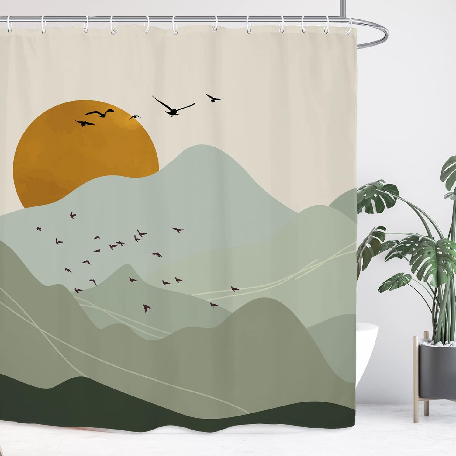 Modern Minimalist Green Abstract Mountain Bathroom Shower Curtain for a Serene Bathroom Ambiance