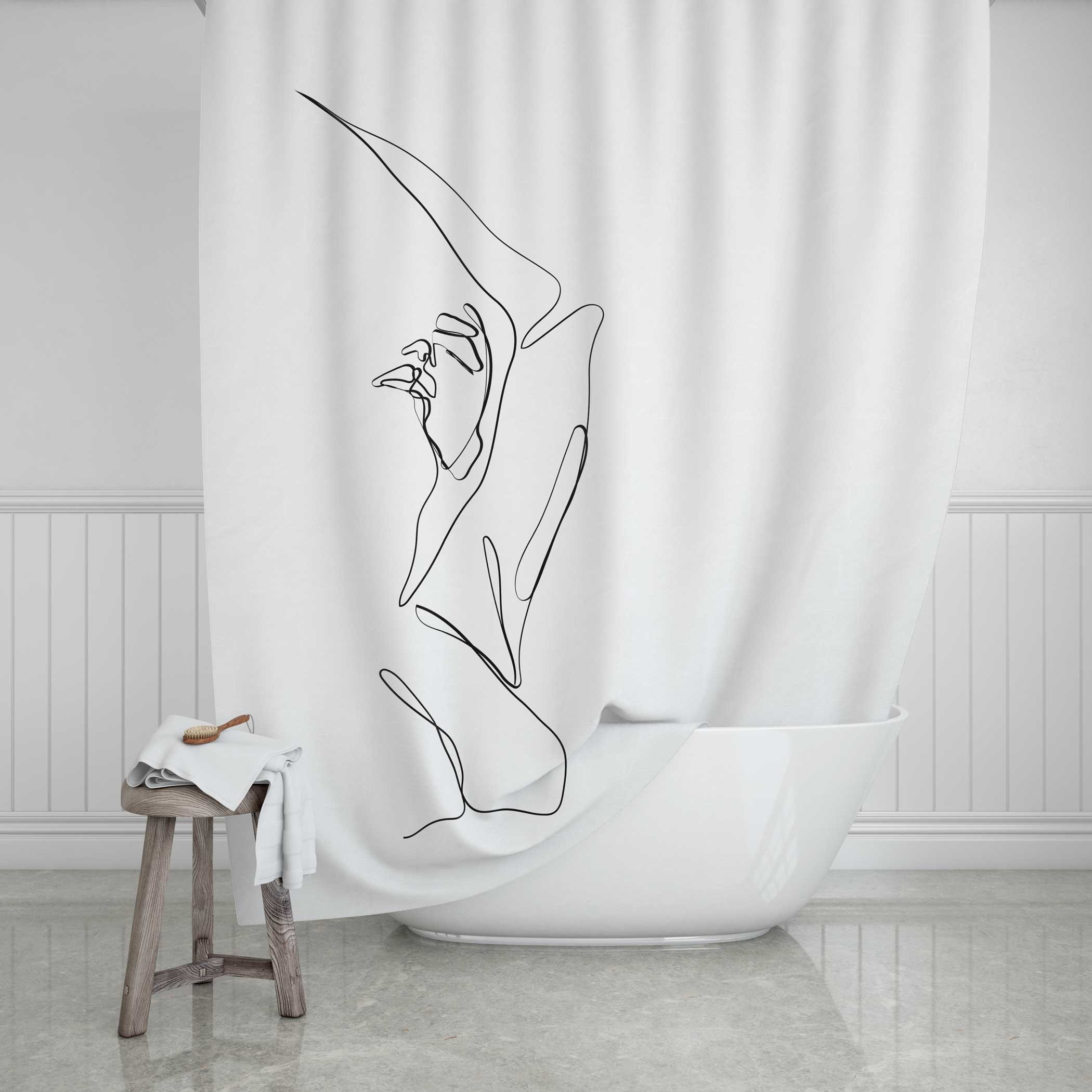 Modern Minimalist Line Art Woman Shower Curtain In Black And White, Perfect For Any Bohemian Bathroom
