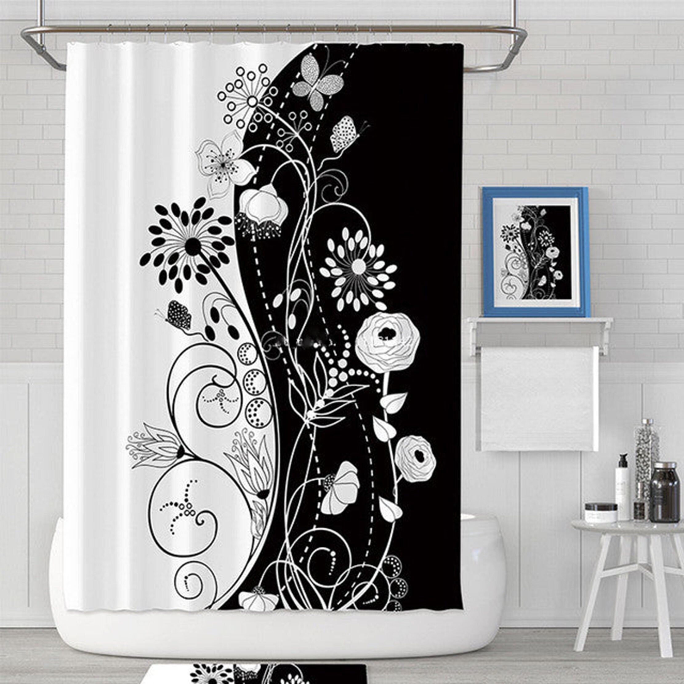 Modern Monochrome Flowers Black And White Floral Shower Curtain With Minimalist House Warming