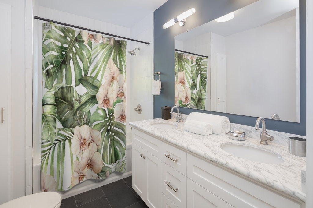 Modern Monstera Plant Print Shower Curtain for Bathroom