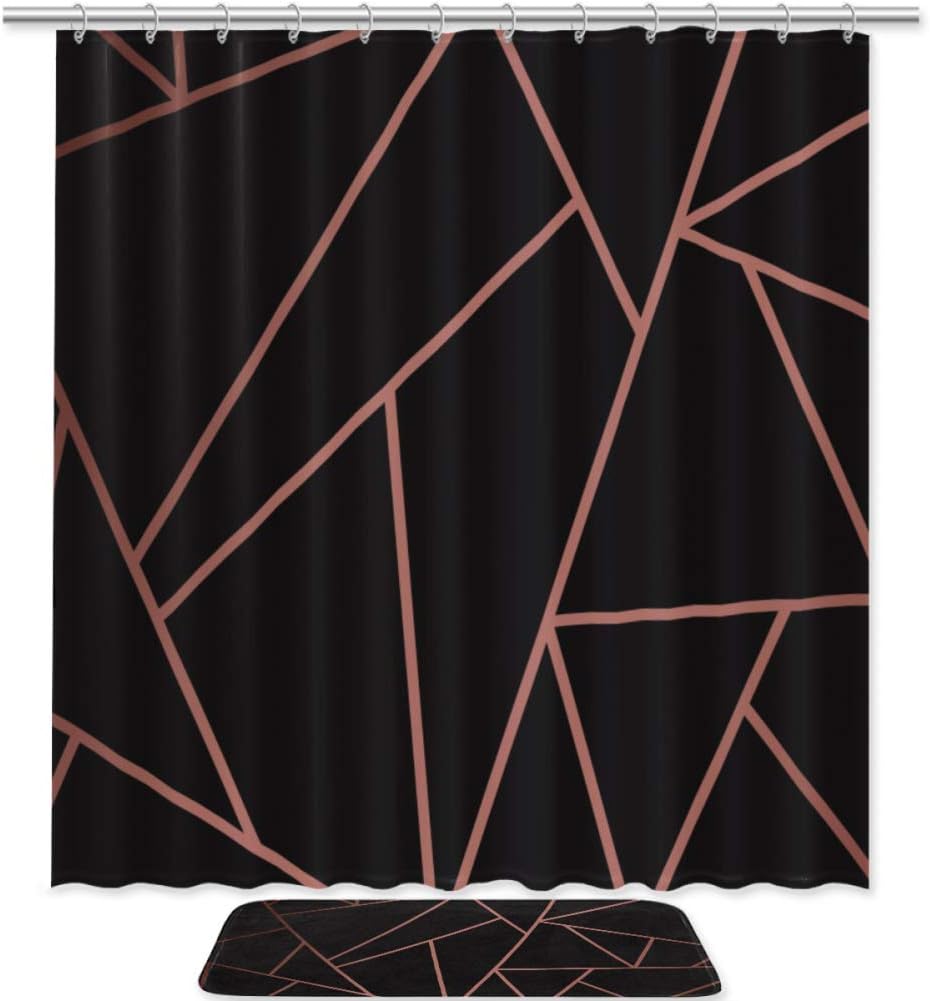 Modern Mosaic Rose Gold Black Print Bathroom Decor Shower Curtain Memory Foam