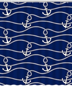 Modern Nautical Anchor Shower Curtain with White and Navy Blue Colors for Adventure Bathroom