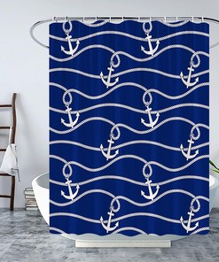 Modern Nautical Anchor Shower Curtain with White and Navy Blue Colors for Adventure Bathroom