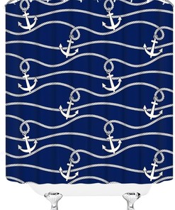 Modern Nautical Anchor Shower Curtain with White and Navy Blue Colors for Adventure Bathroom 