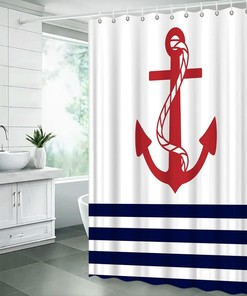 Modern Nautical Shower Curtain with Red Anchor Navy Blue Geometric Stripes Marine Theme - Perfect for Boys, Men