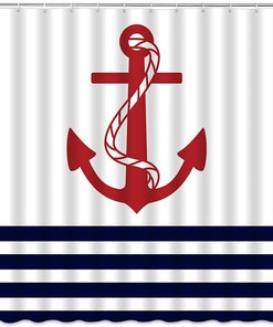 Modern Nautical Shower Curtain with Red Anchor Navy Blue Geometric Stripes Marine Theme - Perfect for Boys, Men