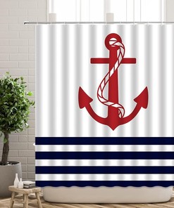 Modern Nautical Shower Curtain with Red Anchor Navy Blue Geometric Stripes Marine Theme - Perfect for Boys, Men