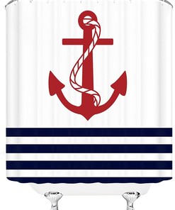Modern Nautical Shower Curtain with Red Anchor Navy Blue Geometric Stripes Marine Theme - Perfect for Boys, Men