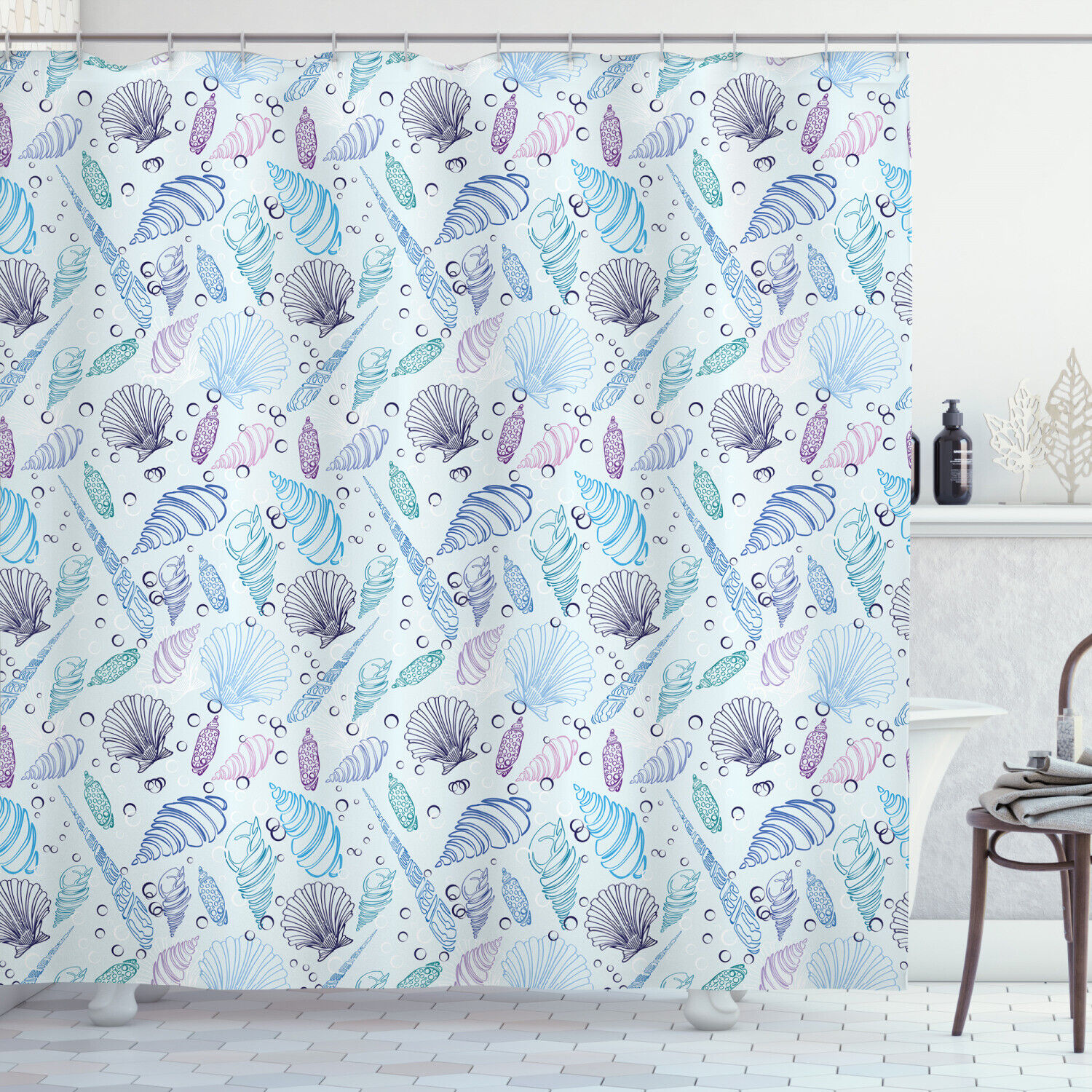 Modern Nautical Shower Curtain with Seashells Bubble Ocean Print - Ideal for Your Bathroom Decor